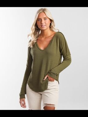 We The Free Olive Long Sleeve Raw-Edge Knit Top